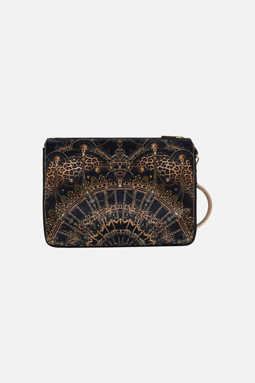 Product view of CAMILLA black and gold silk clutch in Masked at Moonlight print
