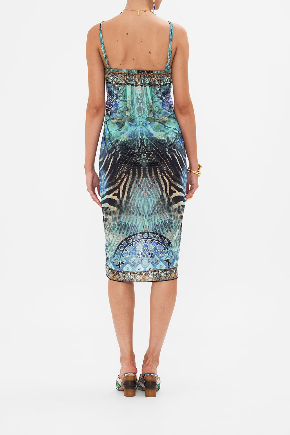 Back view of model wearing CAMILLA resortwear sarong in Azure Allure