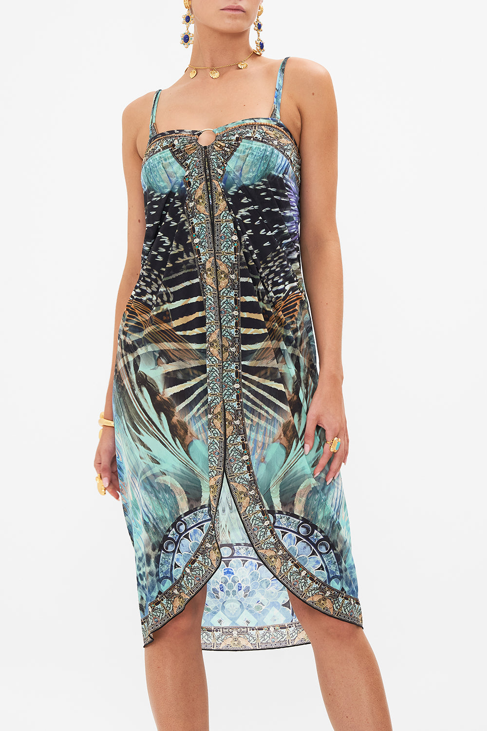 Crop view of model wearing CAMILLA resortwear sarong in Azure Allure