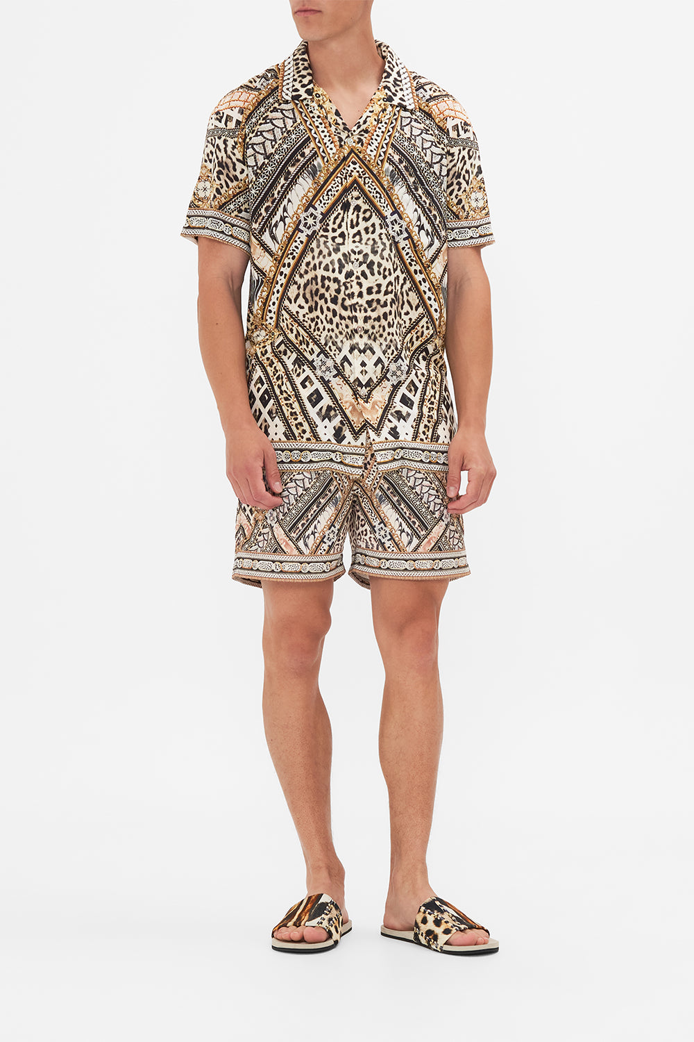 Front view of model wearing Hotel Franks By CAMILLA mens short sleeve camp collared shirt in Mosaic Muse print