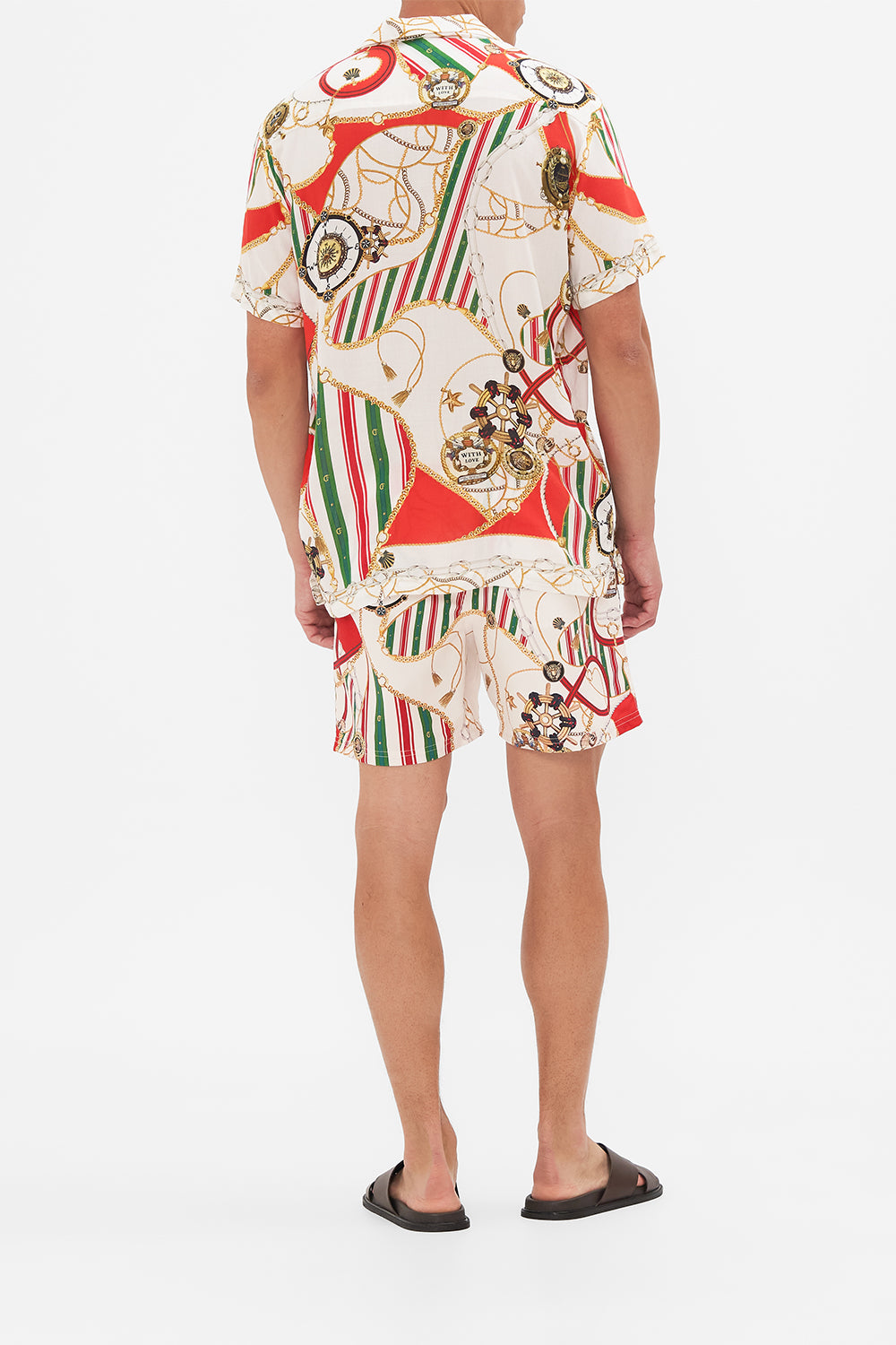 Back view of model wearing Hotel Franks by CAMILLA mens camp collared shirt in Saluti Summertime print