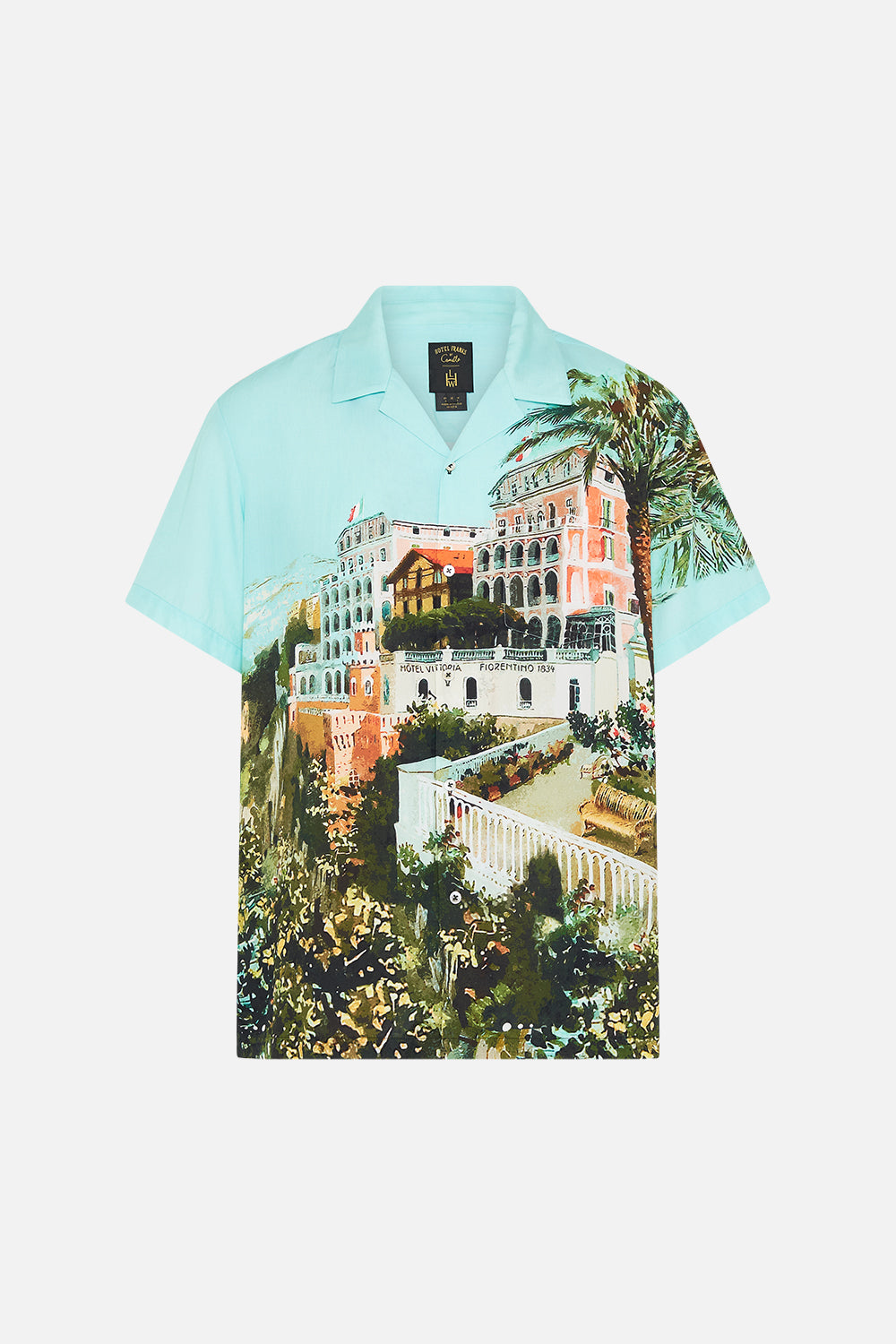 Hotel Franks By CAMILLA mens short sleeved camp collared shirt in From Sorrento With Love print