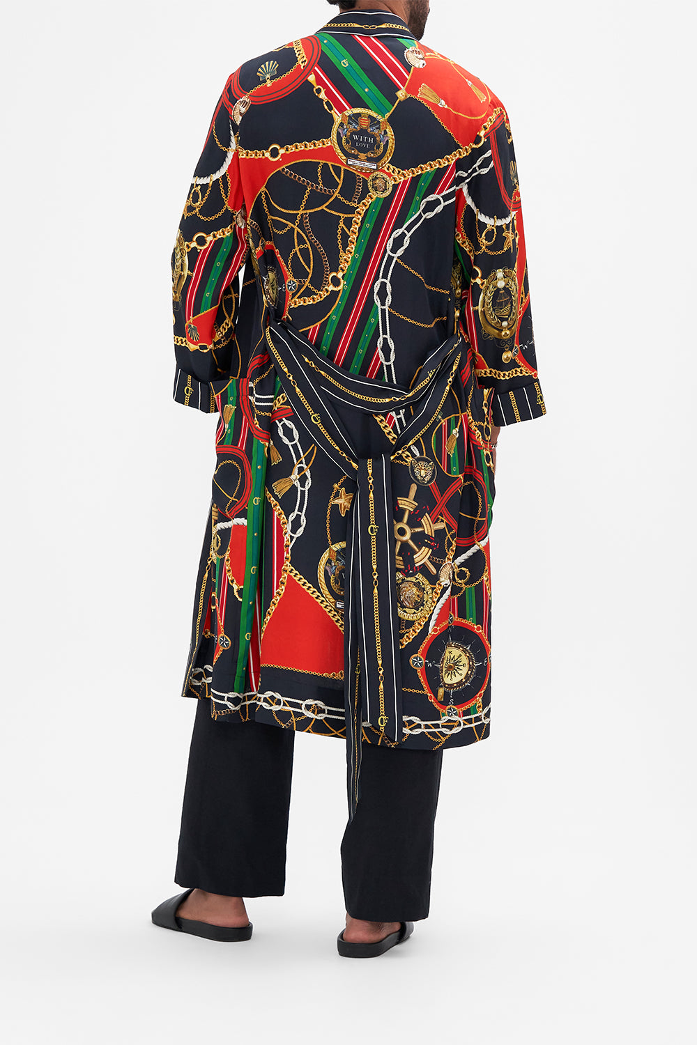 Back view of model wearing Hotel Franks by CAMILLA silk robe in Club Aperitivo print