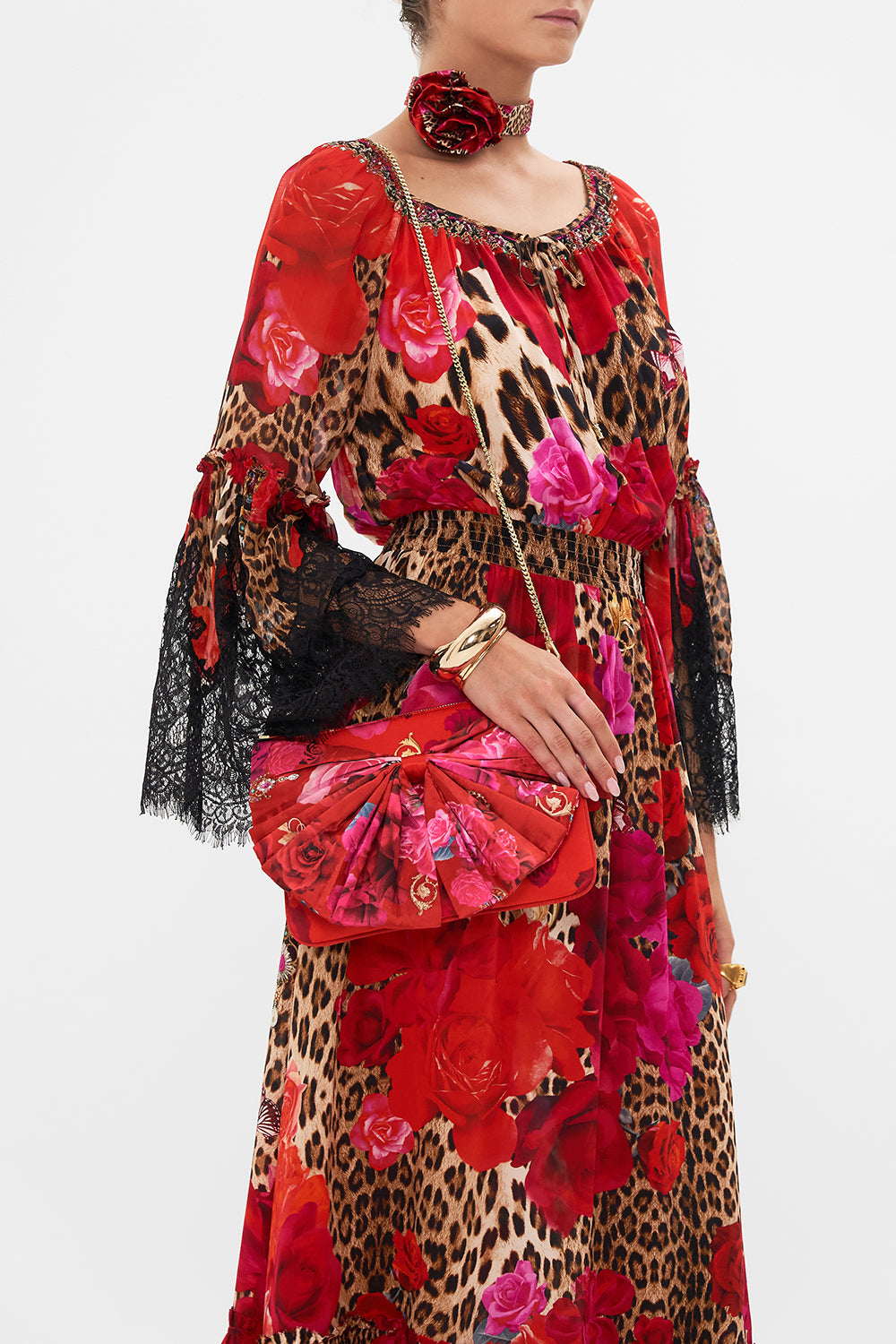 Product view of CAMILLA bow bag in An Italian Rosa print