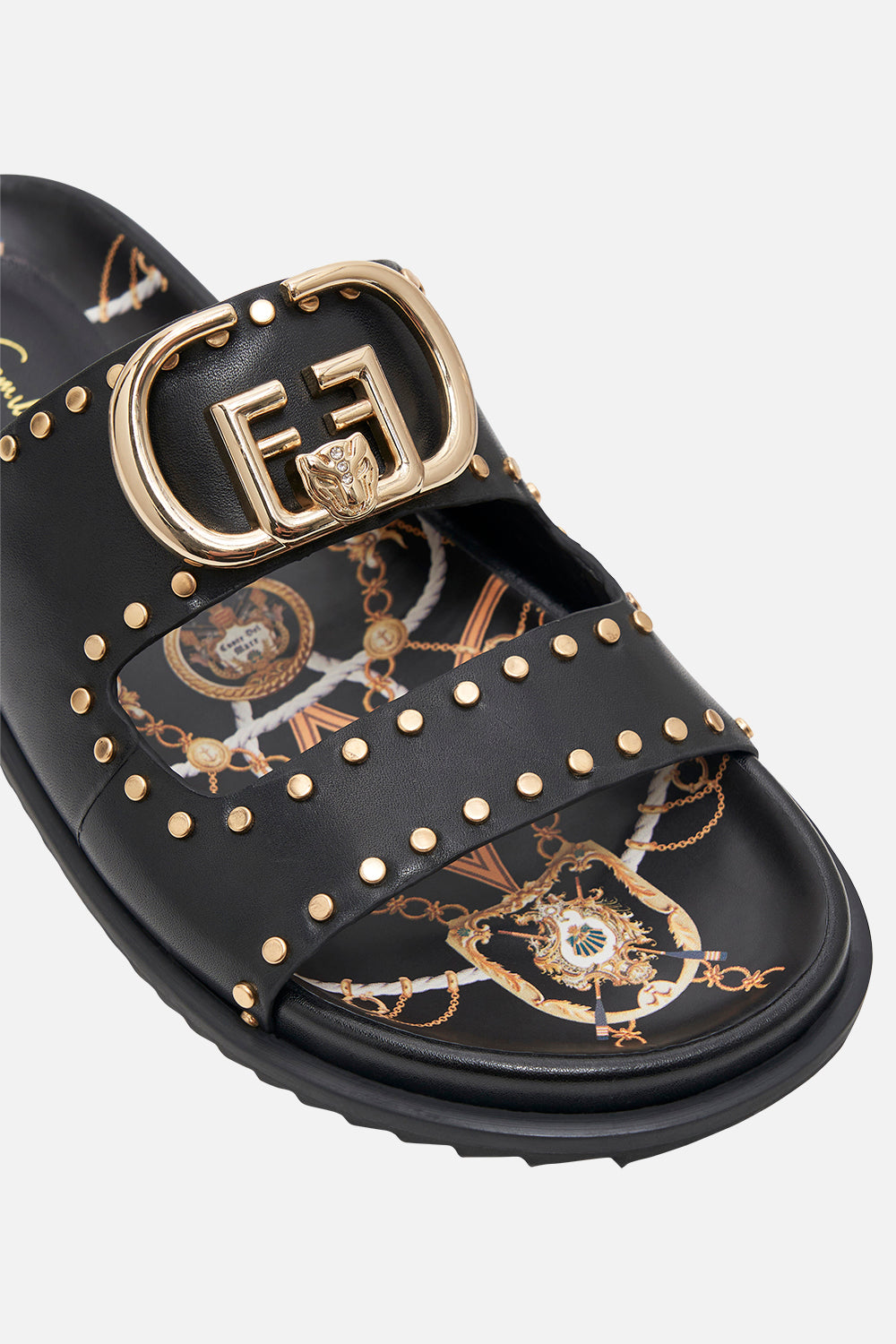 Product view of CAMILLA designer sandlas in Coast to Coast print