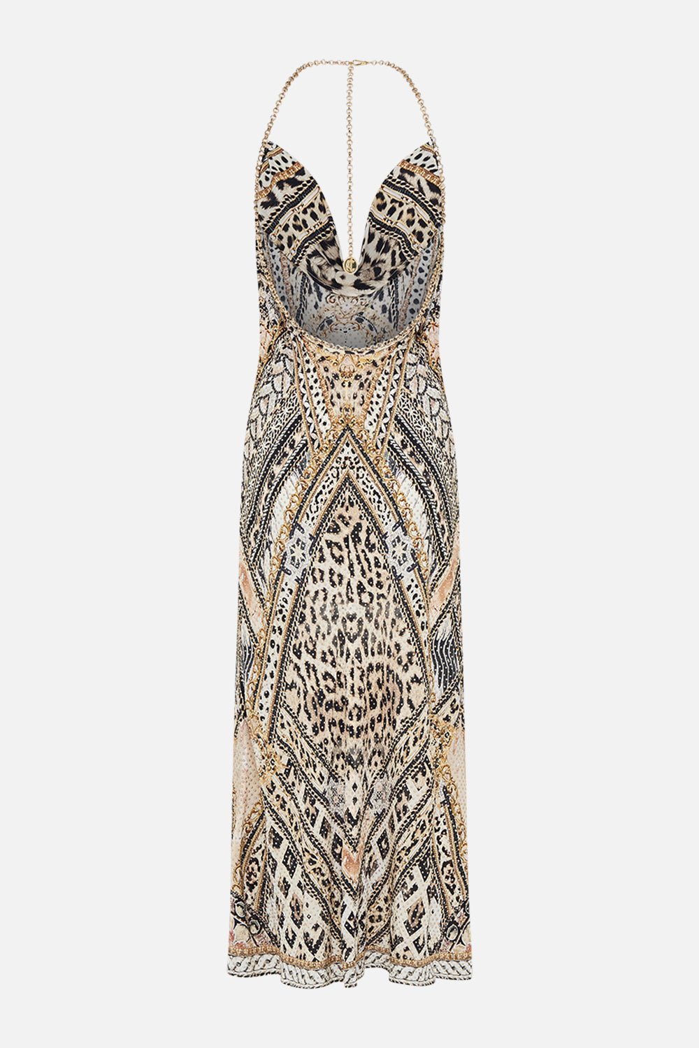 Back product view of CAMILLA bias silk dress in Mosaic Muse print