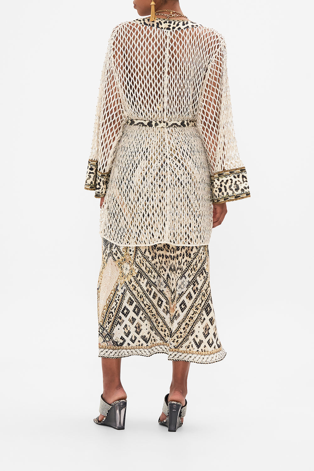 Back view of model wearing CAMILA silk kimono in Mosaic Muse print