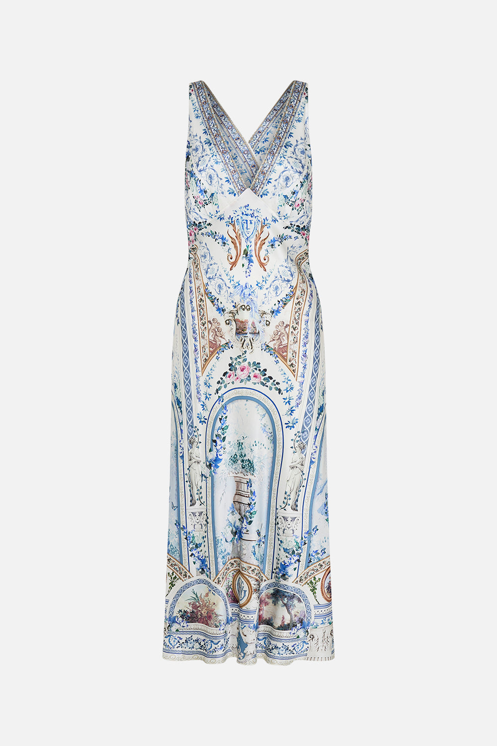 Product view of CAMILLA silk slip dress in Season of The Siren print