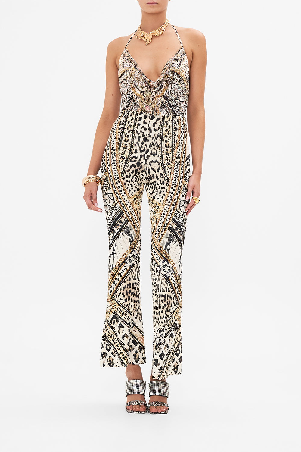 Front view of model wearing CAMILLA animal print bodysuit in Mosaic Muse