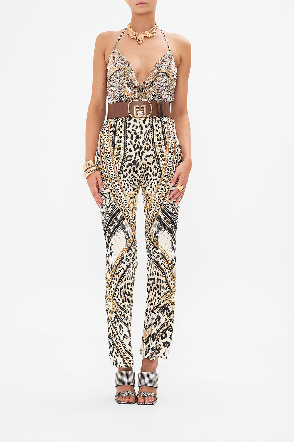 Style view of model wearing CAMILLA animal print bodysuit in Mosaic Muse