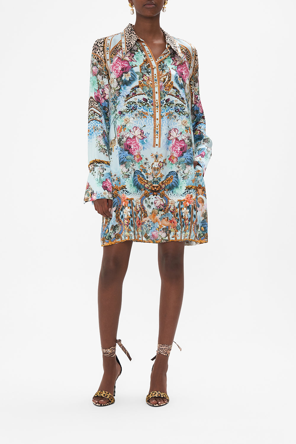 Front view of model wearing CAMILLA silk mini dress in Letters To Leo print