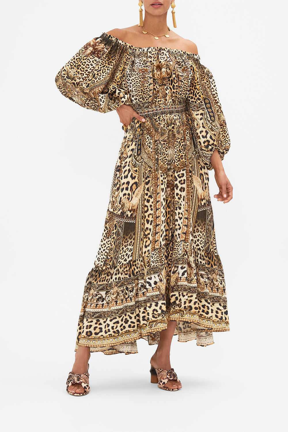 Front view of model wearing CAMILLA leopeard print off the shoulder dress in Standing Ovation print