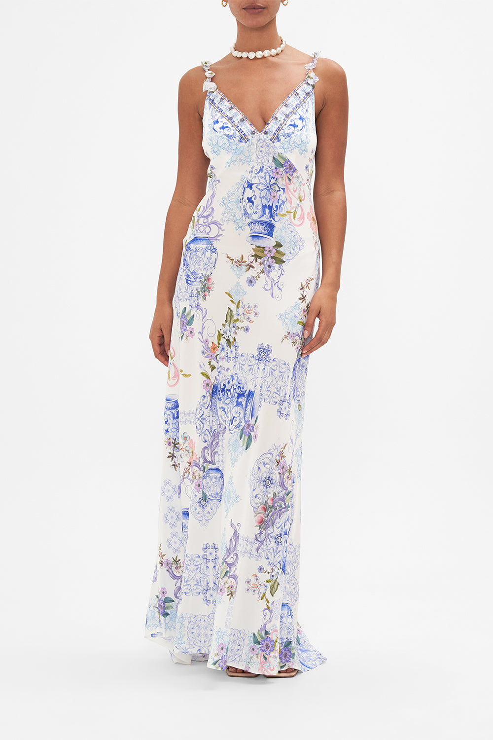 Front view of model wearing CAMILLA blue and white floral silk maxi dress in Paint Me Positano print