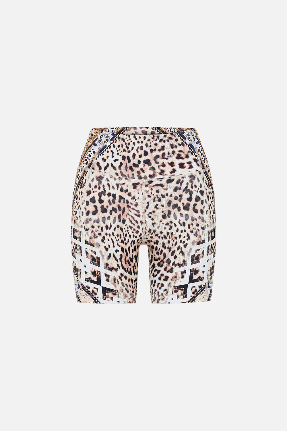 Product view of CAMILLA designer animal print running shorts in Mosaic Muse