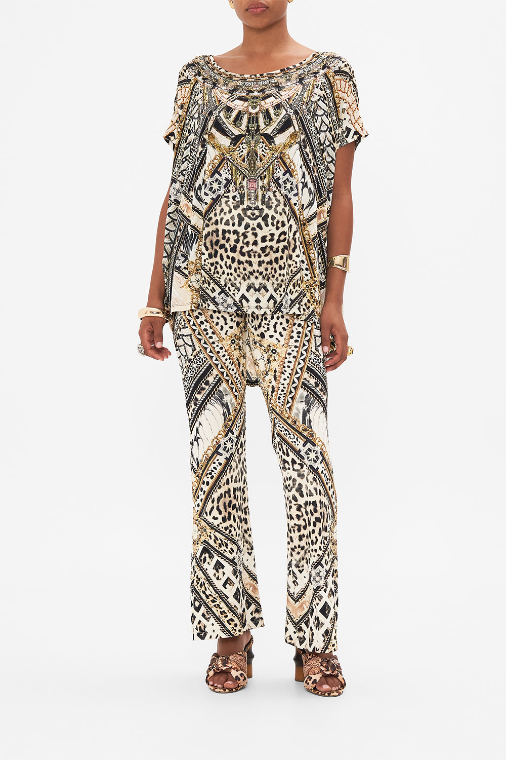 Front view of model wearing CAMILLA animal print tee in Mosaic Muse