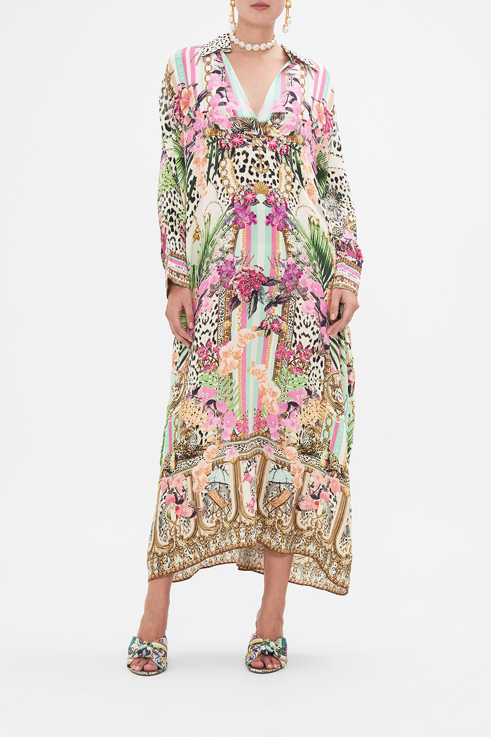 Front view of model wearing CAMILLA silk kaftan in Dear Amore Mio print