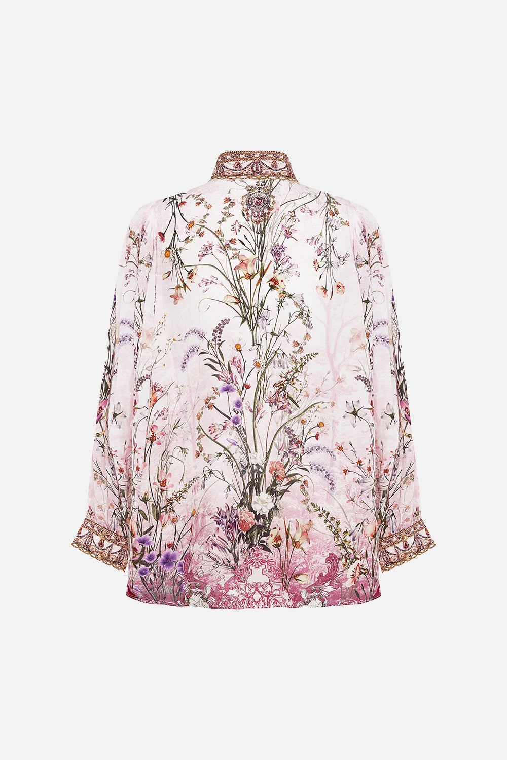 Back product view of CAMILLA floral slik blouse in Kissed By The Prince print