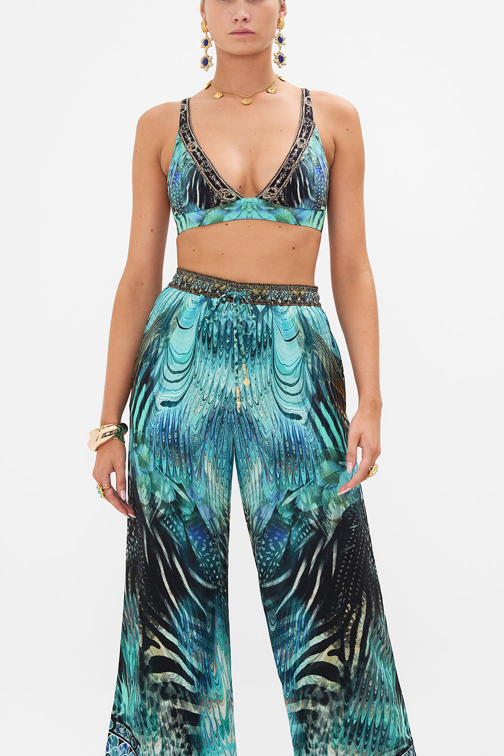 Crop view of model wearing CAMILLA luxury bra in Azure Allure