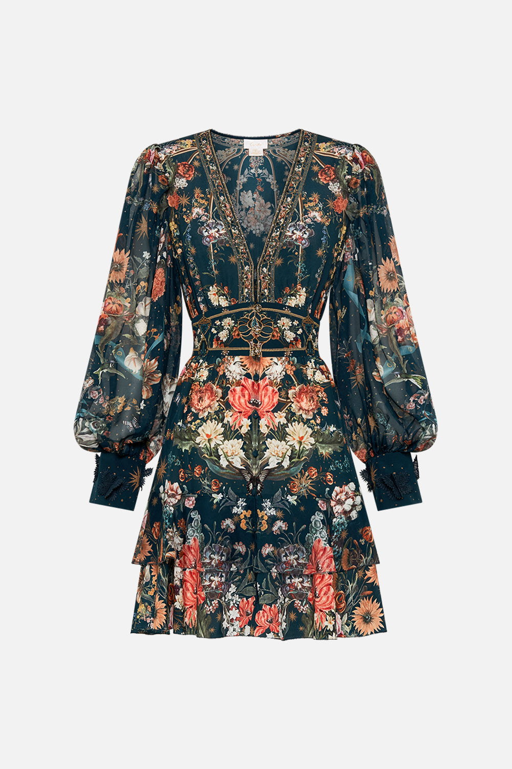 CAMILLA silk frill dress in She Who Wears The Crown print