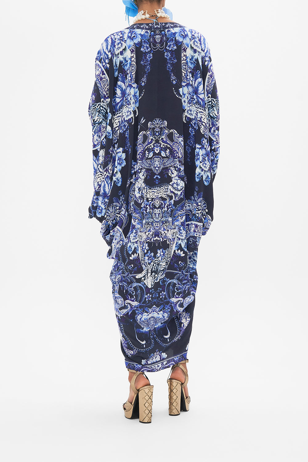 Back view of model wearing CAMILLA silk kaftan in Delft Dynasty print