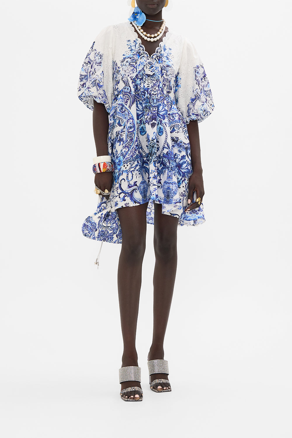 Front view of model wearing CAMILLA mini dress in Glaze And Graze print