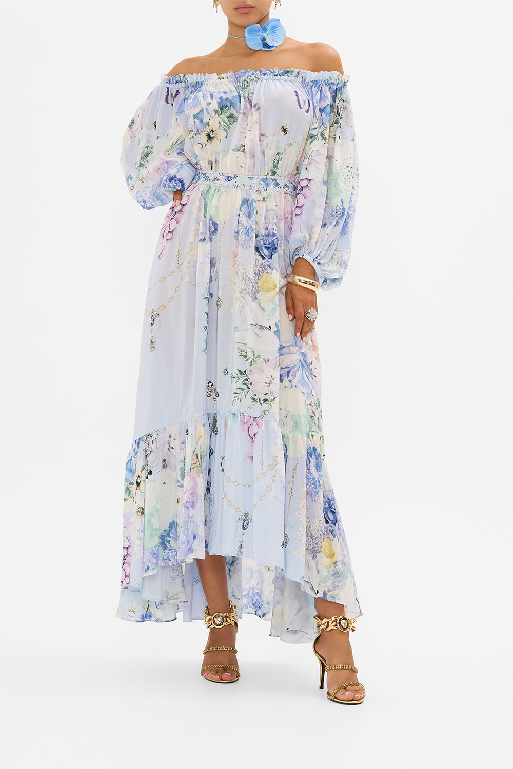 CAMILLA silk off shoulder maxi dress in Butterfloria print