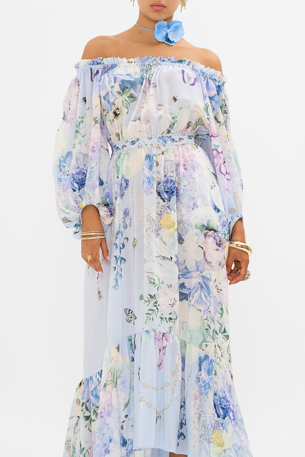 CAMILLA silk off shoulder maxi dress in Butterfloria print