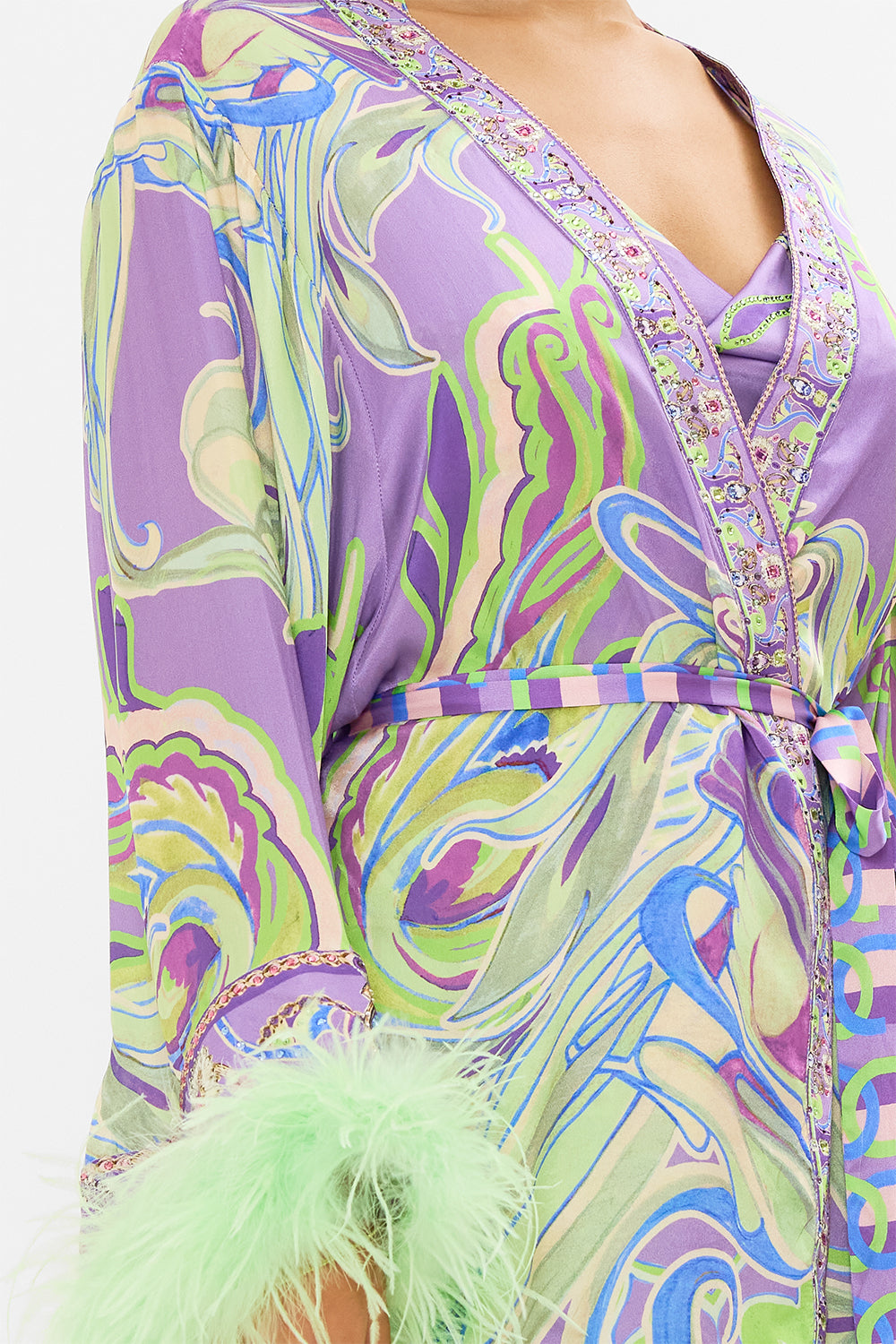 CAMILLA wrap dress with feathers in Amsterdam Jewel print