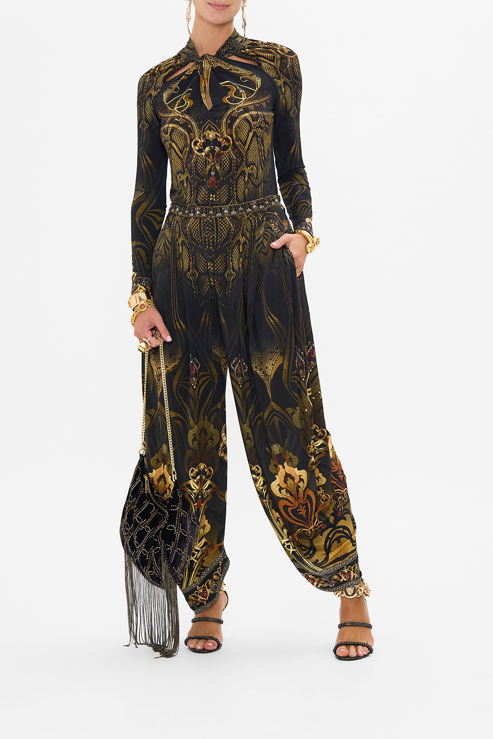 CAMILLA black jersey pants in Nouveau Noir print