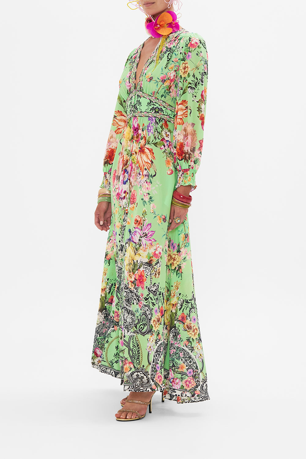 Side view of model wearing CAMILLA sillk dress in Porcelain Dream print