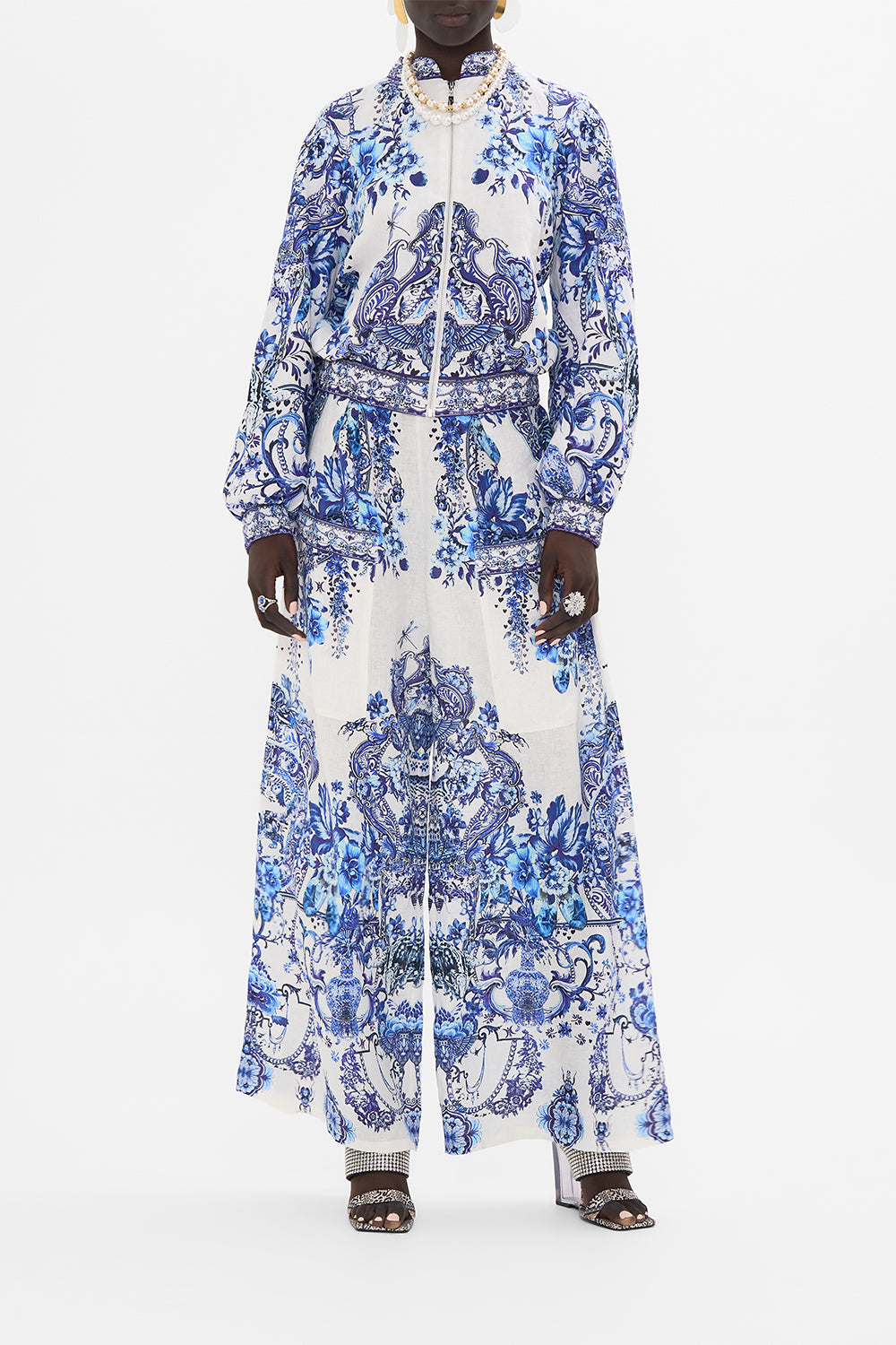 Front view of model wearing CAMILLA silk bomber jacket in Glaze and Graze print