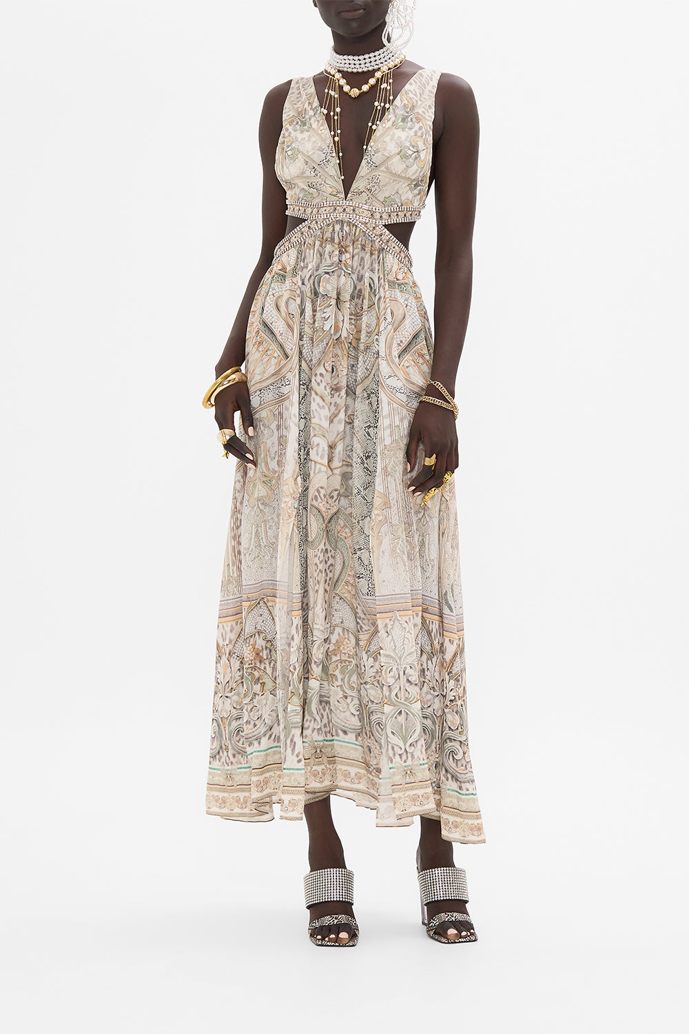 CAMILLA cut out dress in Ivory Tower Tales print