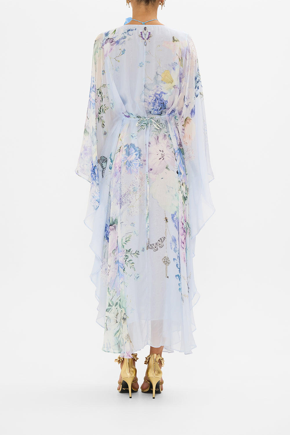 CAMILLA blue silk kaftan in Butterfloria print