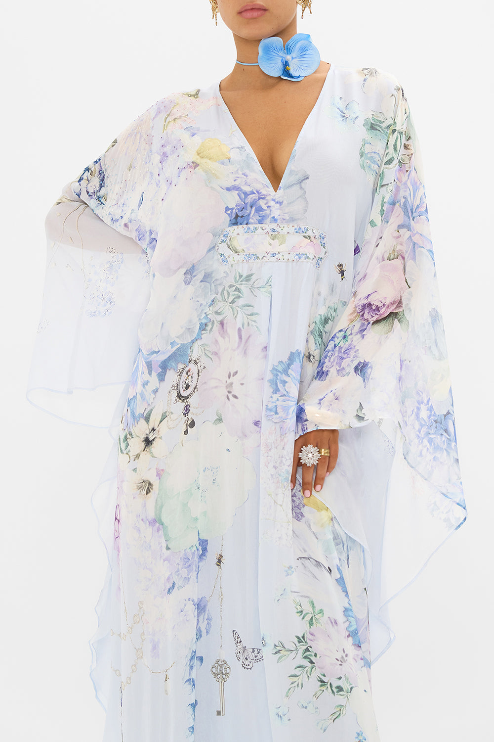 CAMILLA blue silk kaftan in Butterfloria print