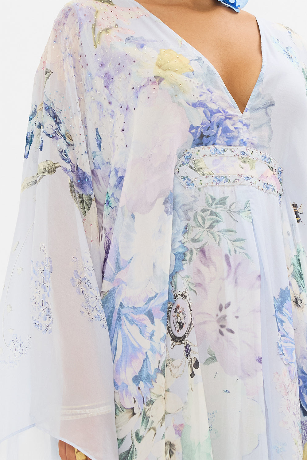 CAMILLA blue silk kaftan in Butterfloria print