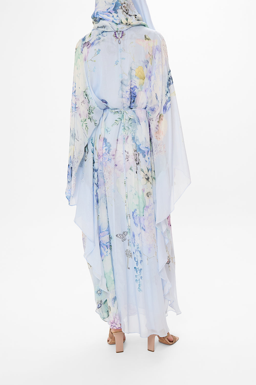 CAMILLA blue silk kaftan in Butterfloria print