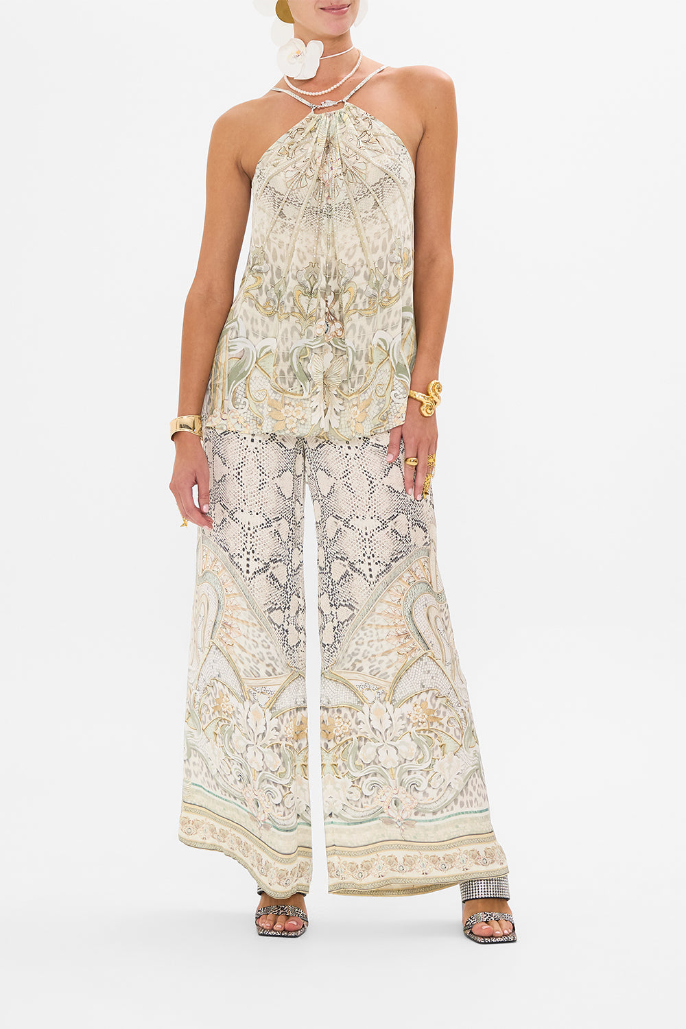 CAMILLA silk top in Ivory Tower Tales print