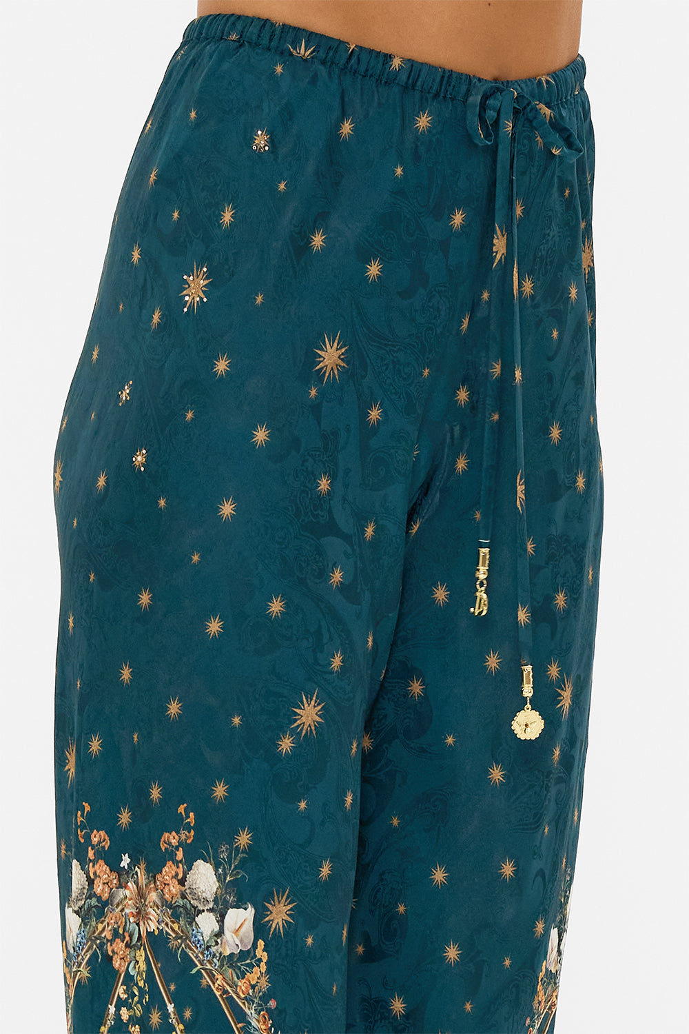 CAMILLA silk bias cut pants in She Who Wears A Crown print