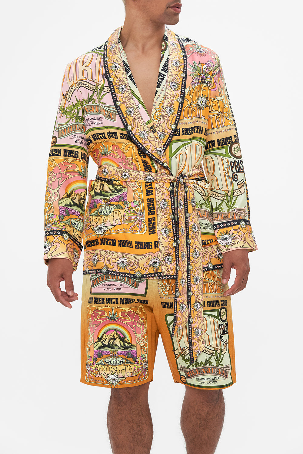 Hotel Franks by CAMILLA mens silk robe in Lets Chase Rainbows print