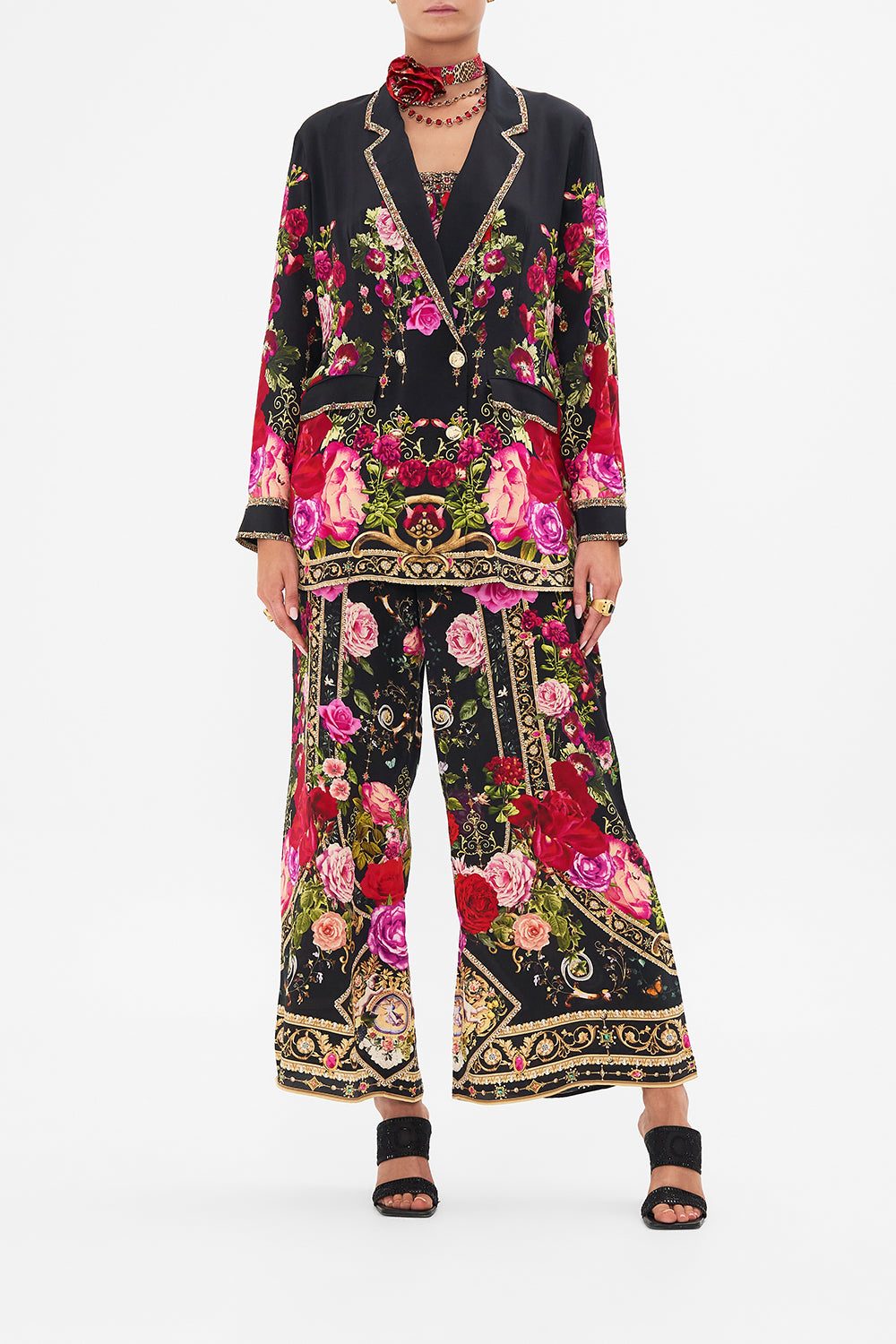 Front view of model wearing CAMILLA silk jacket in Reservation For Love print