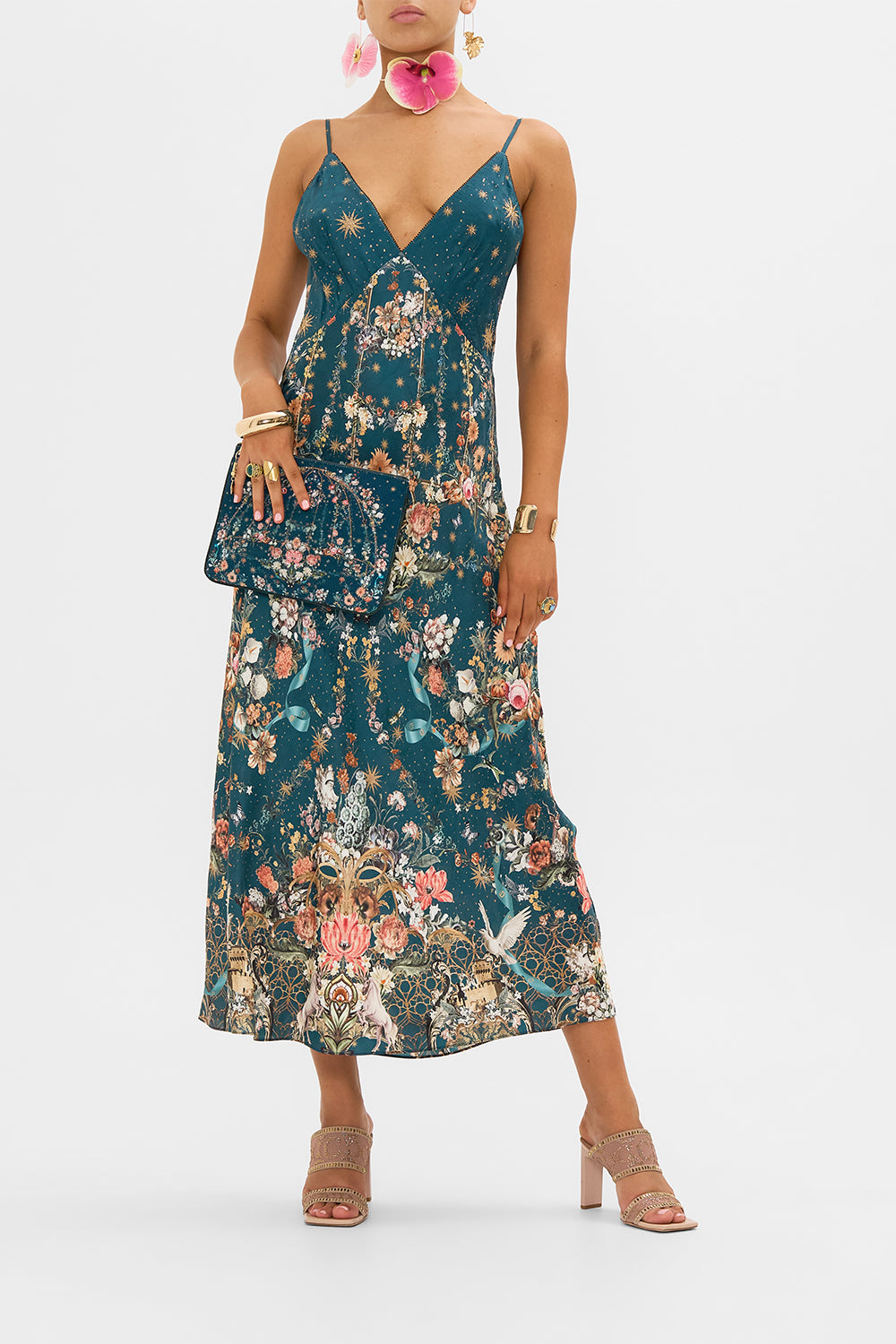 CAMILLA silk slip dress in She Who Wears The Crown print
