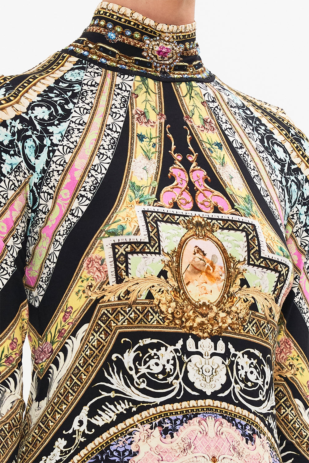 Detail view of model wearing CAMILLA jersey turtleneck in Soul Of A Star Gazer print