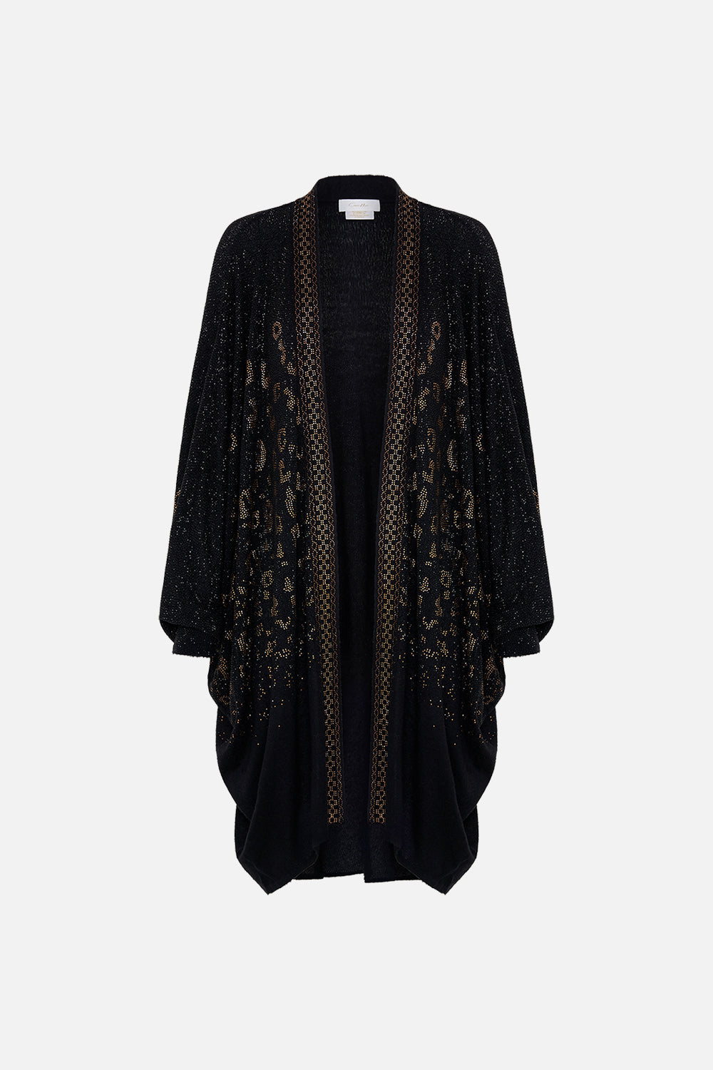 Back view of model wearing CAMILLA knit cardigan in Mosaic Muse