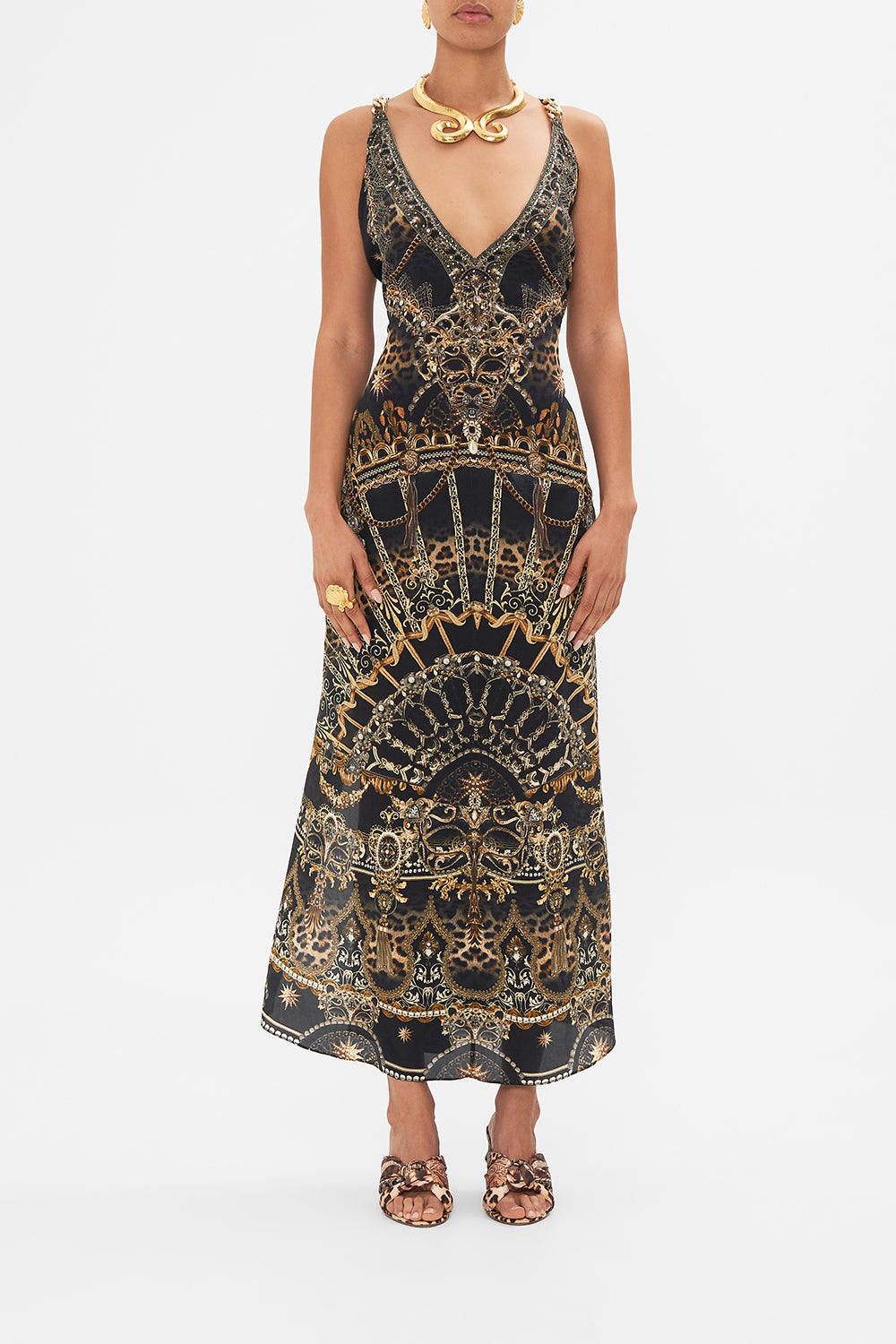 Detail view of model wearing CAMILLA silk kaftan with hardware in Masked at Moonlight print