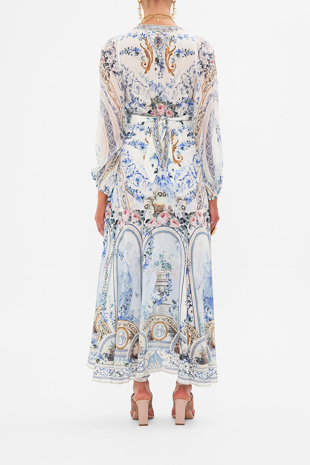 Back view of model wearing CAMILLA wrap dress in Seasson Of The Siren print