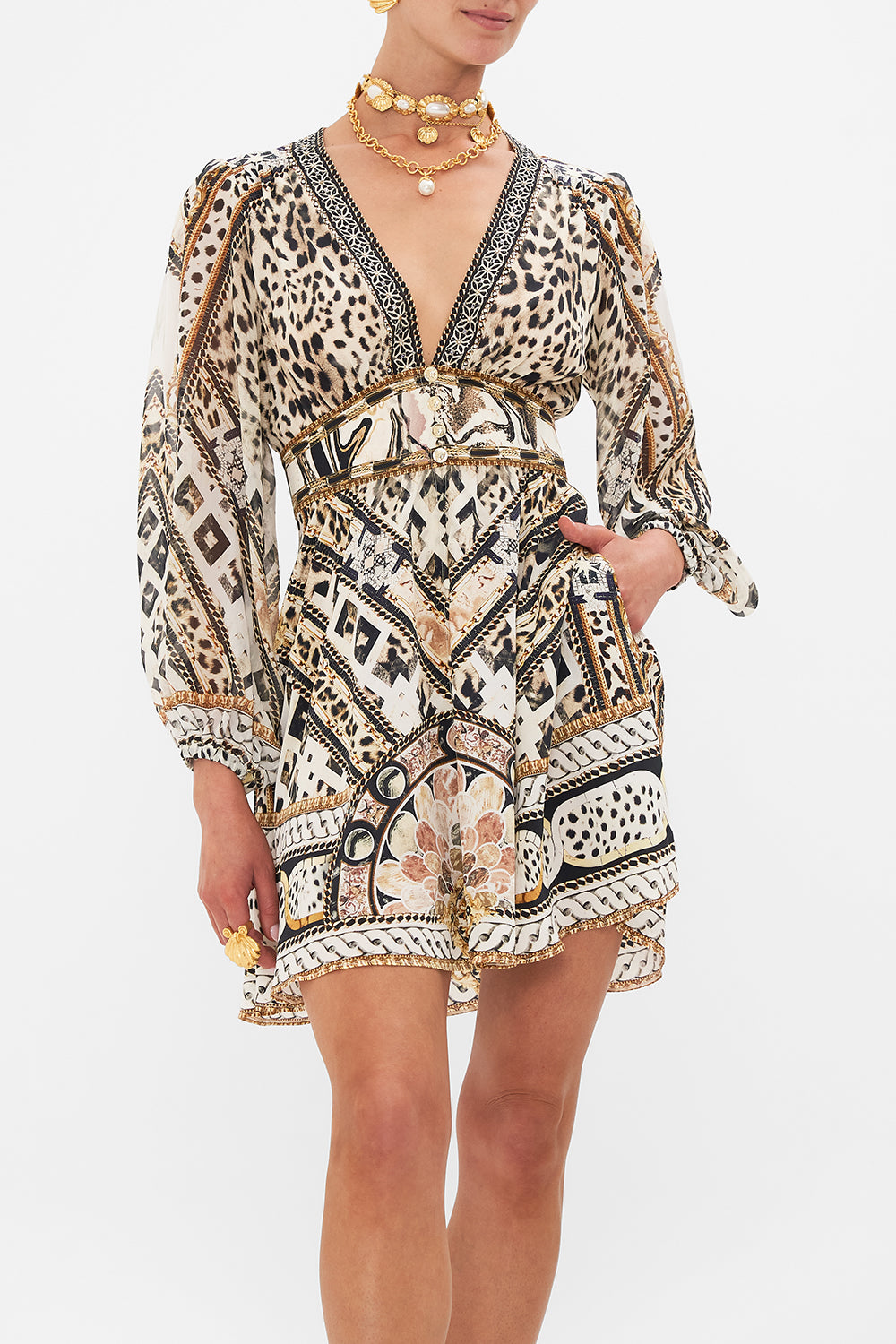 Crop view of model wearing CAMILLA silk mini dress in Mosaic Muse animal print