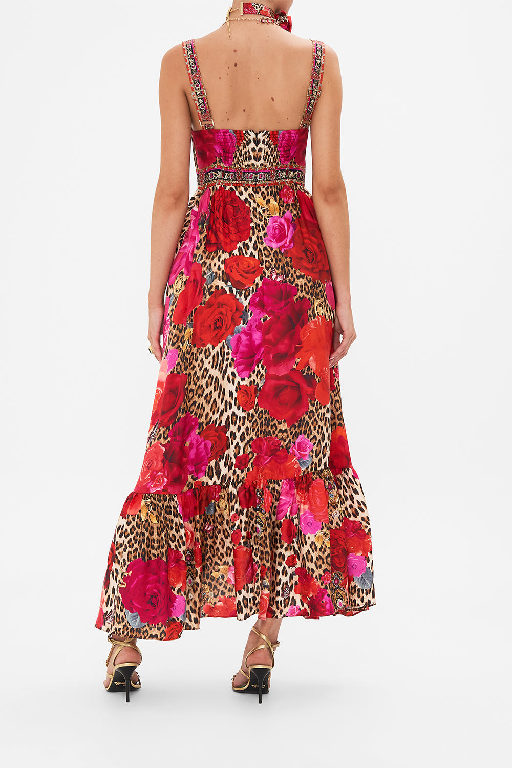 Back view of model wearing CAMILLA bodice dress in heart Like A Wildflower print