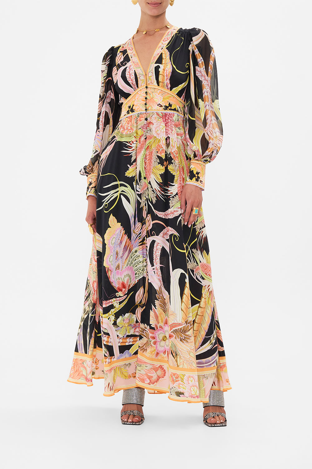 Front view of model wearing CAMILLA designer silk dress in Lady Of The Moon print