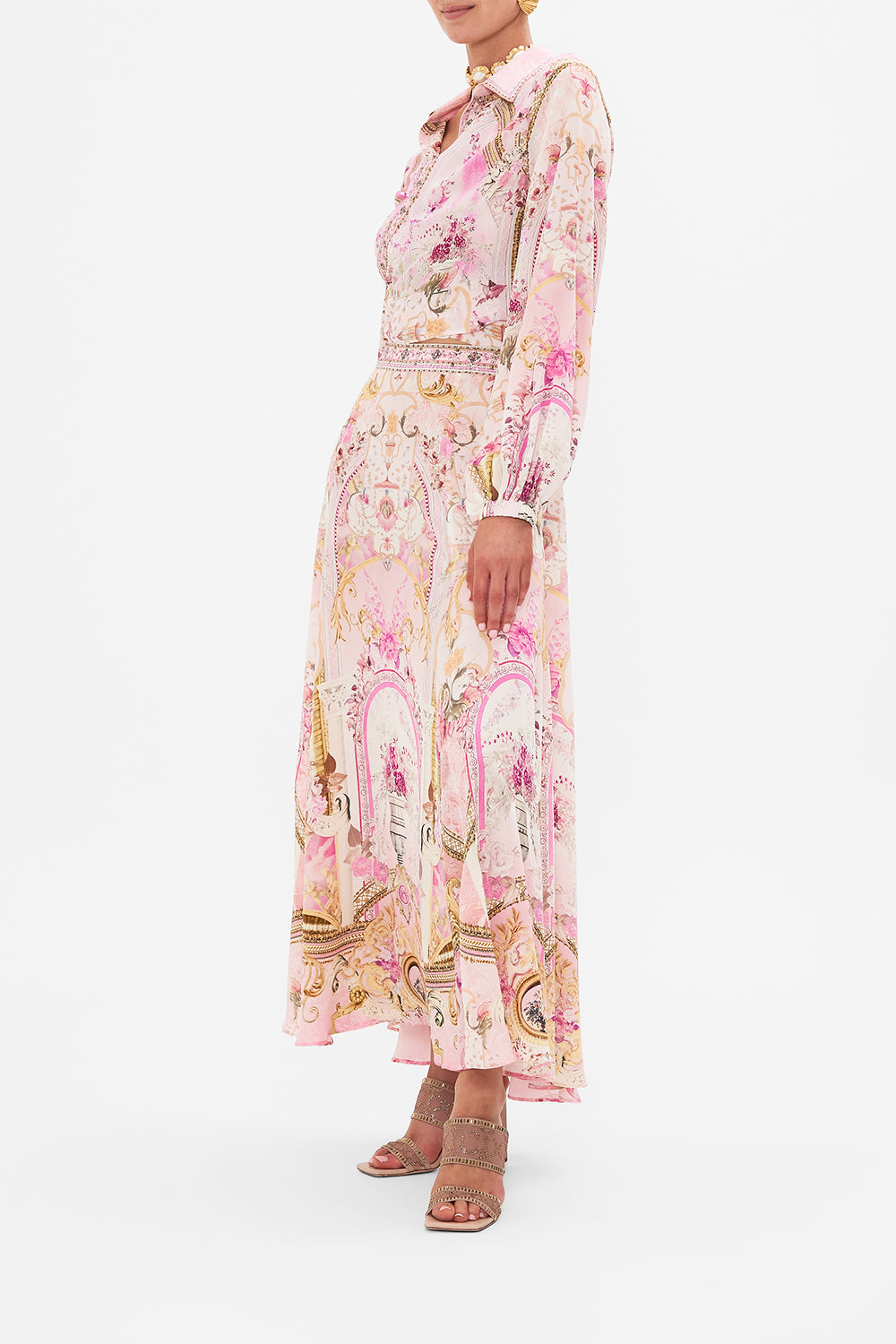 Side view of model wearing CAMILLA cropped shirt in Fresco Fairytale print