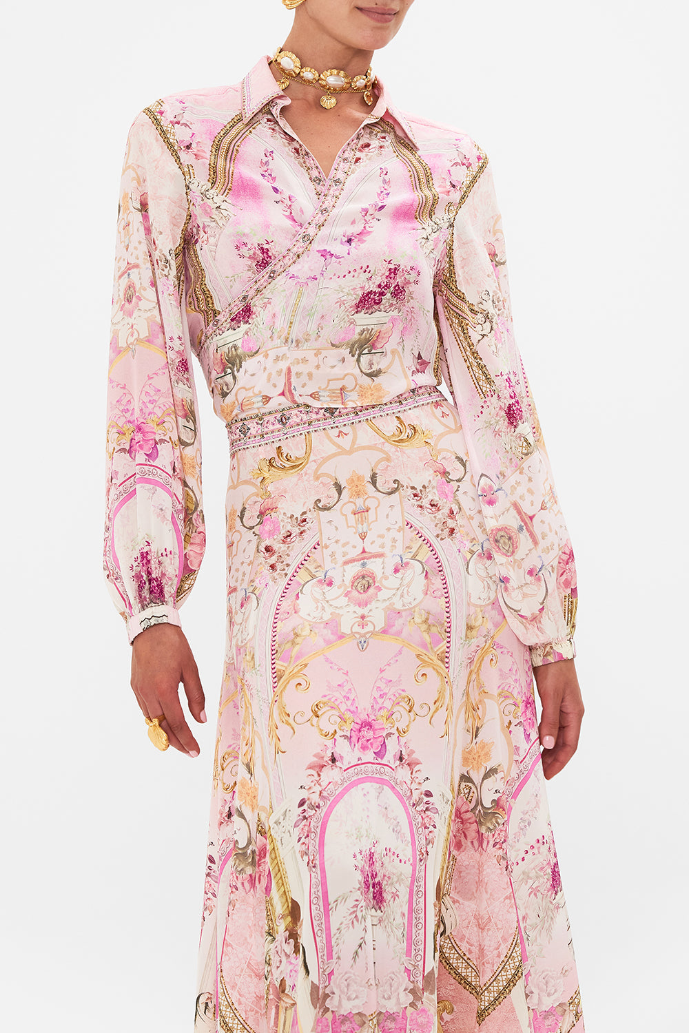 Detail view of model wearing CAMILLA cropped shirt in Fresco Fairytale print